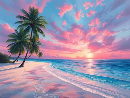 This image is a detailed, computer-generated painting of a serene beach at sunset. The sky is a mesmerizing blend of pink, purple, and blue hues, with the sun positioned just above the horizon, casting a warm glow across the scene. The clouds are tinged with pink and purple, adding to the tranquil atmosphere. The ocean is a striking blue, with gentle waves rolling towards the shore, where the water reflects the vibrant colors of the sky. The beach itself is a mix of white and pink sand, with the pink hues mirroring the sunset's reflection. On the left side of the image, there are five palm trees of varying heights, their green fronds swaying slightly. Behind the palm trees, a small bush adds to the natural beauty of the scene. The overall composition captures the peacefulness and beauty of a tropical sunset, with no people or text present to distract from the natural splendor.