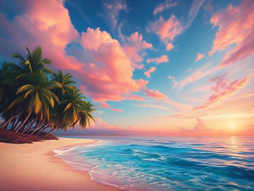 A breathtaking sunset over a tropical beach, with palm trees silhouetted against a vibrant sky. The sky is filled with soft pink and orange clouds, transitioning to deep blue at the top. The ocean reflects the warm colors of the sky, with gentle waves lapping at the sandy shore.