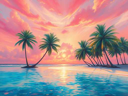 This image is a detailed, computer-generated painting of a serene tropical beach at sunset. The scene features a tranquil, light blue ocean with gentle waves lapping against a pristine white sandy beach. The sky is a mesmerizing blend of pink, orange, and blue hues, with the sun positioned low on the horizon, casting a warm glow across the landscape. Scattered clouds add texture to the sky, reflecting the vibrant colors of the sunset.

On the right side of the image, a cluster of tall palm trees stands on the beach, their green fronds swaying gently in the breeze. On the left side, a single palm tree emerges from the water, its trunk extending upwards and branching out into lush leaves. The overall composition captures the peaceful beauty of a tropical paradise, with the interplay of light and color creating a harmonious and tranquil atmosphere.