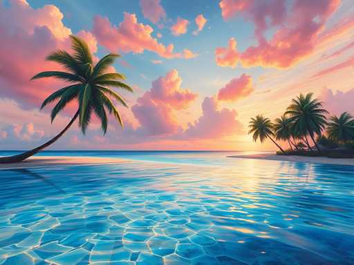 This image depicts a serene tropical beach scene at sunset. The sky is a vibrant mix of blue, pink, and orange hues, with fluffy clouds tinged in pink and orange. The sun is setting on the right side of the image, casting a warm glow over the entire scene. The ocean water is a striking blue, with a unique pattern resembling small, square tiles or mosaic pieces. On the left side of the image, a tall palm tree stands on a small sandy island, its trunk leaning slightly to the right. To the right, there is a larger sandy area with several more palm trees and a few small huts or structures nestled among the trees. The overall atmosphere is calm and picturesque, capturing the beauty of a tropical paradise.