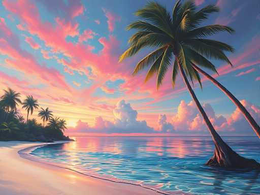 This image is a detailed digital painting of a serene tropical beach at sunset. The scene features a pristine white sandy beach that curves gently from the bottom left corner, extending towards the center of the image. The calm, light blue ocean reflects the vibrant colors of the sky, which is a stunning blend of pink, orange, yellow, and blue hues. The sky is adorned with fluffy white clouds tinged with pink and orange from the setting sun. 

On the right side of the image, a large palm tree stands prominently in the water, its trunk partially submerged and its fronds reaching upwards. To the left, a small peninsula juts out into the ocean, covered with lush green vegetation and several palm trees. The overall composition captures the tranquil beauty of a tropical paradise, with the interplay of colors and reflections creating a harmonious and peaceful atmosphere.