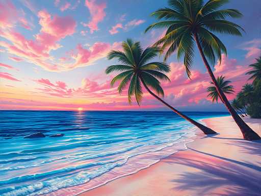 This image is a detailed, computer-generated painting of a serene beach at sunset. The scene features a vibrant blue ocean with gentle waves lapping onto a sandy shore, which is tinted pink by the setting sun. The sky is a stunning blend of blue and pink hues, with wispy clouds that also reflect the sunset's colors. In the foreground, two prominent palm trees stand on the beach, their shadows cast on the sand. To the right, a small cluster of additional palm trees can be seen, adding depth to the composition. The overall atmosphere is tranquil and picturesque, capturing the essence of a perfect beach sunset.