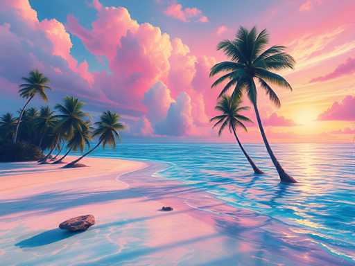 This image depicts a serene tropical beach scene at sunset. The sky is a stunning blend of pink, blue, and yellow hues, with large, fluffy clouds tinged with pink and purple. The sun is setting on the right side of the image, casting a warm glow over the entire landscape. The calm, blue ocean stretches out to meet the sandy shore, which is a light tan color. On the left side of the image, there's a small cluster of palm trees, while on the right, two palm trees stand closer to the water's edge. The beach is mostly empty, save for a few rocks scattered along the shore. The overall atmosphere is tranquil and picturesque, capturing the beauty of a tropical paradise at the end of the day.