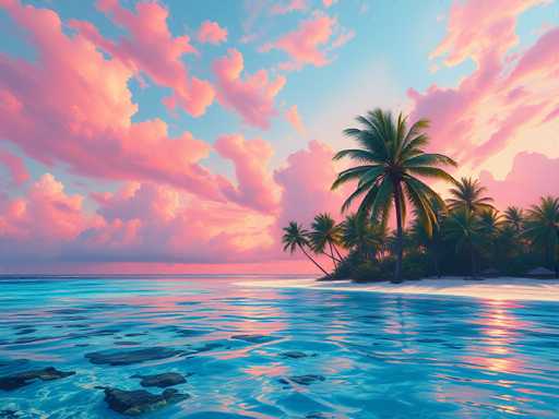 This image depicts a serene tropical beach scene, likely AI-generated, characterized by its vibrant and somewhat surreal colors. The sky is a striking blue, adorned with an array of pink and purple clouds, creating a dreamlike atmosphere. The water is a brilliant blue, reflecting the sky's hues and dotted with patches of seaweed or coral, adding texture to the scene. On the right side of the image, a small white sandy beach is visible, bordered by lush green palm trees and other tropical vegetation. The beach area also features a few huts, suggesting a remote, untouched paradise. The overall composition, with its vivid colors and idyllic setting, evokes a sense of tranquility and escape, reminiscent of a perfect vacation spot.