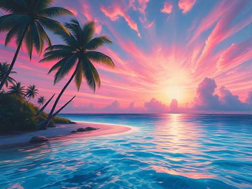 This image depicts a serene tropical beach at sunset. The sky is a stunning blend of pink, blue, and purple hues, with the sun positioned low on the horizon, casting a warm glow across the scene. The water is a deep blue, reflecting the vibrant colors of the sky, and appears calm with gentle ripples. On the left side of the image, there is a sandy beach area adorned with several palm trees, some leaning over the water. The beach also features patches of green grass and bushes, adding to the lush tropical atmosphere. The overall composition captures the tranquil beauty of a tropical paradise, with the interplay of light and color creating a picturesque and peaceful setting.