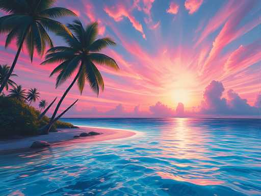 The image depicts a serene tropical beach scene with palm trees and the ocean at sunset. The sky is painted in hues of pink and orange, creating a warm glow over the landscape. The sun is setting behind the horizon, casting long shadows across the water. The perspective is from the shoreline, looking out towards the vast expanse of the ocean.