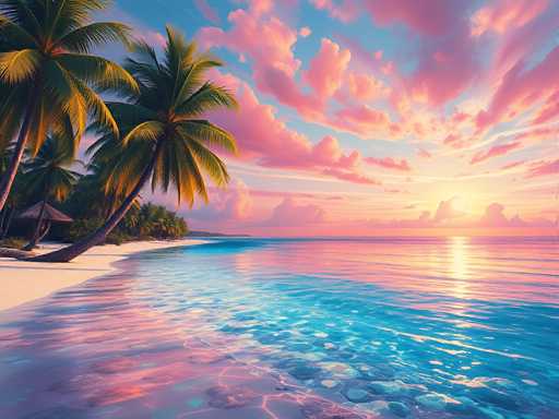 A breathtaking, vibrant tropical beach scene at sunset. The image is dominated by a serene ocean with crystal-clear turquoise water, reflecting the warm hues of the sky. Palm trees lean gracefully towards the water on a pristine white sand beach, their fronds catching the golden light. The sky is a stunning blend of pinks, oranges, and soft purples with fluffy clouds, creating a dreamy atmosphere. The water's surface is gently rippled, and the sunlight creates shimmering reflections on the sand. A small thatched-roof structure sits nestled among the palm trees, adding a touch of tropical charm. The overall mood is one of tranquility and paradise, capturing the beauty of a perfect sunset on a tropical beach.