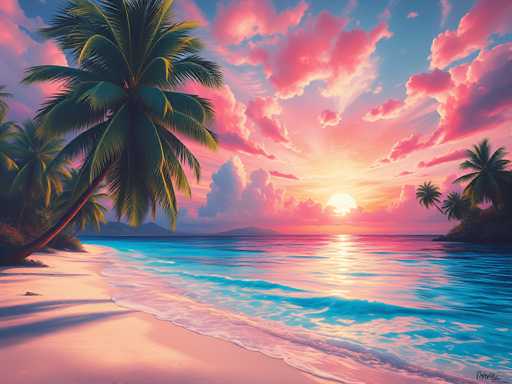 This image is a detailed, computer-generated painting of a serene tropical beach at sunset. The scene features a sandy shoreline on the left, with gentle waves lapping at the shore. A prominent palm tree stands on the left side, its trunk leaning slightly to the right, with its lush green fronds extending towards the top of the image. The sky is a stunning blend of pink, blue, and purple hues, with the sun positioned just above the horizon, casting a warm glow across the scene. The water reflects the vibrant colors of the sky, creating a harmonious blend of blues and pinks. In the background, a mountain range is visible, adding depth to the landscape. On the right side of the image, there is a small island with additional palm trees, enhancing the tropical atmosphere. The overall composition captures the tranquil beauty of a tropical sunset, with no people or text present in the image.