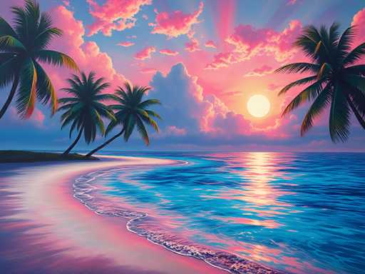 This image is a detailed, computer-generated painting of a serene tropical beach at sunset. The scene features a vibrant blue ocean with gentle waves lapping onto a sandy shore that curves from the bottom left to the middle right of the image. The sky is a stunning blend of pink, blue, and purple hues, with fluffy clouds tinged in pink and purple. The sun, a bright yellow orb, is setting on the right side of the image, casting a warm glow over the entire scene. On the left side, there is a small, grassy island adorned with four palm trees—two standing upright and two leaning towards the water. The overall atmosphere is tranquil and picturesque, capturing the essence of a perfect tropical sunset.