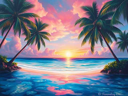 This image is a detailed painting of a serene beach at sunset. The scene is dominated by a vibrant sky filled with a mix of pink, yellow, and blue hues, with the sun positioned just above the horizon. The sky is adorned with fluffy clouds that transition from pink near the horizon to blue higher up. Below, the ocean stretches out in various shades of blue, from deep navy to lighter tones, with gentle waves lapping at the shore. The beach itself is a narrow strip of light brown sand, flanked by two small rocky outcroppings on either side. Each outcropping features a palm tree with a brown trunk and lush green fronds, along with some green bushes and brown rocks. The water near the shore reflects the colorful sky, creating a harmonious blend of blues and pinks. The overall composition captures the tranquil beauty of a tropical sunset, with the interplay of light and color enhancing the peaceful atmosphere.