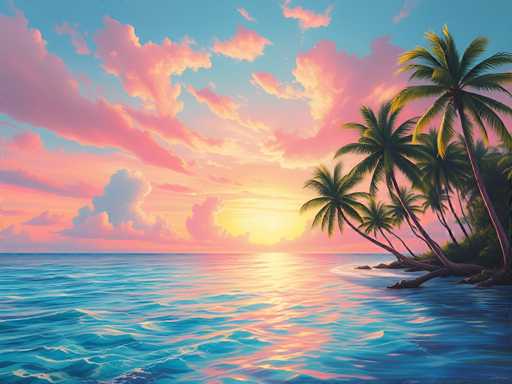 The image depicts a serene tropical beach scene with palm trees and the ocean at sunset. The sky is painted in hues of pink and orange, creating a warm glow over the entire landscape. The water below mirrors this color palette, reflecting the vibrant colors above. In the foreground, there are three palm trees standing tall on the sandy shoreline.
