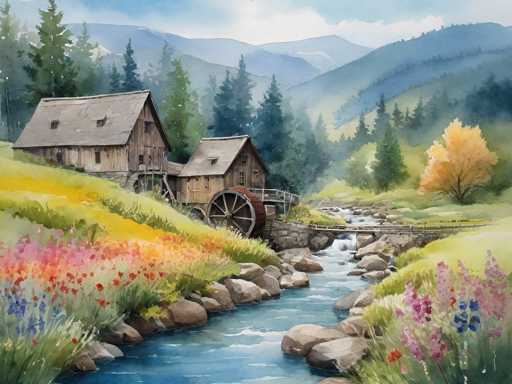 The image depicts a picturesque scene of two wooden cabins situated near a river. The cabin on the left is closer to the viewer, while the one on the right appears further away in the distance. Both cabins are surrounded by an abundance of wildflowers and trees, creating a serene atmosphere. A small stream flows through the area, adding to the natural beauty of the scene.