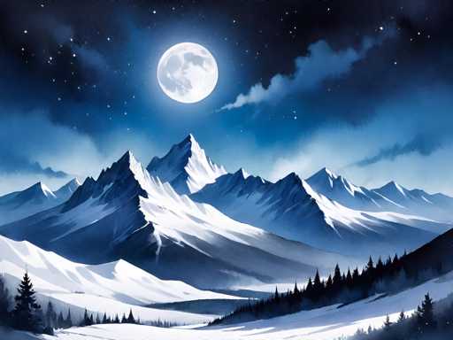 The image depicts a serene night scene of snow-covered mountains under the moonlight. The sky is filled with stars, creating an enchanting atmosphere. A large full moon shines brightly in the background, illuminating the snowy landscape and casting long shadows on the mountains. The mountains are covered in snow, giving them a majestic appearance. In total, there are twelve distinct mountains visible in the image, each varying in size and shape. The scene is artistically rendered with a watercolor style that captures the beauty of nature and the tranquility of the night.