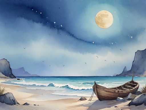 The image depicts a serene beach scene at night with a boat moored on the shore and a full moon rising above the horizon. The sky is painted in shades of blue, dotted with stars that add to the tranquil atmosphere. The water below mirrors the deep blue hue of the sky, creating a beautiful contrast between the two elements. In the foreground, there are rocks scattered around, adding texture to the scene.