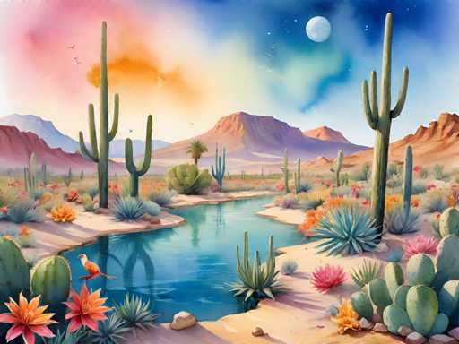 The image depicts a desert landscape with cacti and succulents in various shades of green and brown, as well as pink and orange flowers scattered throughout the scene. A small river flows through the center of the image, reflecting the colors of the sky above. The sky is painted in hues of blue and purple, creating a serene backdrop for the desert flora.