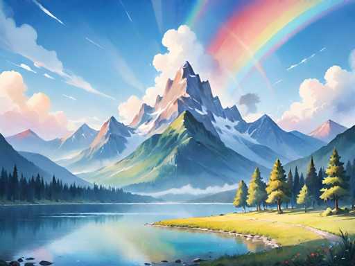 The image depicts a serene mountain landscape with a lake at its base and a rainbow arching over the scene. The mountains are covered in lush green trees, and the sky is painted in shades of blue with fluffy white clouds scattered across it. The sun shines brightly from the top left corner, casting a warm glow on the entire scene.