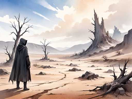The image depicts a desert landscape with a lone figure standing on a dirt path surrounded by tall, barren trees and rock formations. The sky above is filled with clouds, creating an atmosphere of solitude and tranquility.