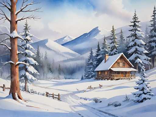 The image depicts a serene winter scene featuring a wooden cabin nestled amidst snow-covered mountains and pine trees. The cabin is surrounded by a fence on the left side of the frame, with a path leading up to it. The sky above is filled with clouds, casting a soft light over the landscape below.