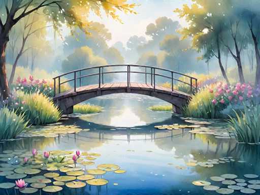 The image depicts a serene scene featuring a wooden bridge spanning across a tranquil pond filled with lily pads and surrounded by lush trees. The sky above is a clear blue, suggesting a bright and sunny day.