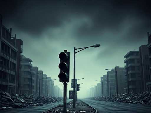 The image depicts a desolate, post-apocalyptic cityscape. Dominating the foreground is a traffic light, its red, yellow, and green lights all unlit, mounted on a pole that also supports a street lamp. The street is littered with debris and trash, stretching into the distance. Flanking the street are rows of abandoned buildings, their facades marked by broken windows and missing doors. The sky above is a dark, ominous gray, with a hint of light breaking through in the far distance. The overall scene is shrouded in a hazy, smoky atmosphere, adding to the sense of desolation and abandonment.