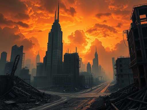 The image depicts a post-apocalyptic cityscape, likely AI-generated, characterized by a desolate and ruined urban environment. Dominating the center is a tall, black skyscraper with a pointed top, surrounded by several other tall buildings, some of which are partially collapsed. The streets are littered with rubble and debris, including fallen metal structures and cranes, indicating extensive destruction. The sky is a striking blend of orange and yellow hues, filled with dark, ominous clouds, suggesting a recent or impending disaster. The overall scene is devoid of any signs of life, with no visible people, animals, or vehicles, enhancing the eerie and abandoned atmosphere.