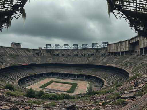 The image depicts an abandoned, circular stadium reminiscent of ancient Roman architecture, characterized by its weathered and deteriorating structure. The stadium features a central field, which appears to be a baseball diamond, surrounded by a lush green grassy area. The stands, arranged in a semicircular pattern, are constructed from stone and concrete, now overgrown with moss and vegetation, indicating years of neglect. The seating area is divided into two levels, with the upper tier featuring a balcony supported by metal beams. The sky above is overcast with dark, gray clouds, adding to the somber atmosphere. The overall scene is one of decay and abandonment, with nature slowly reclaiming the once-majestic venue.