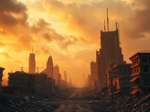 The image depicts a post-apocalyptic cityscape, likely from a video game or a digital artwork. The scene is dominated by a desolate, war-torn urban environment with numerous buildings reduced to rubble and debris scattered across the streets. The sky is a striking blend of orange and yellow hues, suggesting either a sunrise or sunset, with dark, ominous clouds adding to the eerie atmosphere. The city's architecture is a mix of tall skyscrapers and shorter buildings, some still standing while others are in various stages of collapse. The streets are devoid of people, enhancing the sense of abandonment and destruction. The overall color palette is a mix of browns, grays, and the warm tones of the sky, creating a haunting and desolate visual.