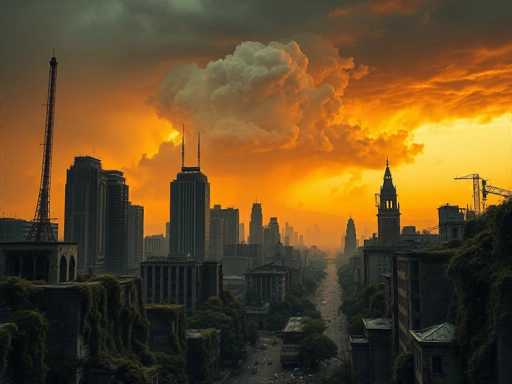 This image depicts a futuristic cityscape at sunset, characterized by a blend of architectural styles and a dramatic sky. The sky transitions from a deep orange at the horizon to a lighter yellow, with dark gray clouds adding depth to the scene. The city is dominated by tall skyscrapers, including a prominent structure resembling the Eiffel Tower on the left and a building reminiscent of Big Ben on the right. The buildings are predominantly gray and black, with some featuring antennas and spires. A notable feature is a large crane on the right side, suggesting ongoing construction. The streets below are lined with trees and dotted with cars, though the overall scene appears somewhat abandoned. The foreground buildings are adorned with green moss, adding a touch of nature to the urban environment. The image, possibly computer-generated, captures a serene yet slightly eerie atmosphere, with the setting sun casting a warm glow over the city.