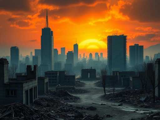 This image depicts a post-apocalyptic cityscape, likely AI-generated, characterized by a stark contrast between the desolate foreground and the towering skyscrapers in the background. The foreground is littered with rubble, debris, and broken concrete, suggesting a recent catastrophic event. Among the ruins, a few trees stand with their branches bare, adding to the desolate atmosphere. The sky is dominated by a dramatic sunset, with a gradient of colors ranging from bright yellow near the horizon to deep orange and reds higher up, interspersed with dark clouds. The sun itself is partially obscured by the city's skyline, casting a warm yet ominous glow over the scene. The skyscrapers, silhouetted against the vibrant sky, vary in height and design, with one particularly notable building featuring a tall spire. The overall mood is one of eerie beauty and abandonment, with the juxtaposition of the serene sunset and the destruction below creating a haunting visual narrative.