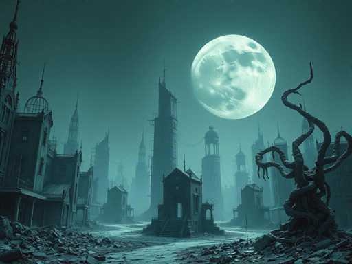 A desolate, surreal cityscape under a large, pale moon dominates the view. Tall, decaying buildings with sharp, gothic architecture loom in a hazy, ethereal atmosphere. The scene is bathed in cool, muted tones, creating a dreamlike and slightly melancholic mood. A twisted, organic structure stands in the foreground, adding to the otherworldly feel of this hyper-realistic, atmospheric scene.
