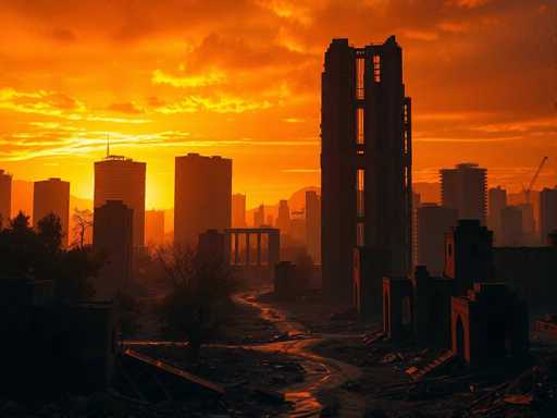 The image depicts a post-apocalyptic cityscape, possibly AI-generated, with a strikingly orange sky that suggests either a sunrise or sunset. The scene is dominated by a variety of buildings, ranging from tall skyscrapers to shorter structures, all appearing to be in a state of disrepair. The foreground is filled with debris, including fallen trees and rubble, indicating recent destruction. A small river or creek runs through the middle of the city, adding to the desolate atmosphere. The overall mood is dark and foreboding, with the orange sky casting an eerie glow over the scene. The image is devoid of any text, focusing solely on the haunting beauty of the ruined urban landscape.