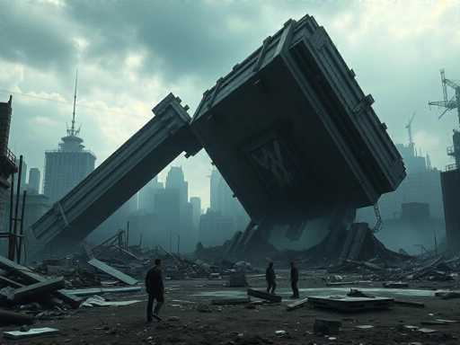 The image depicts a post-apocalyptic cityscape, likely generated by AI, characterized by a dark and gloomy atmosphere. The sky is filled with dark gray clouds, adding to the overall sense of desolation. In the background, a row of tall buildings, some still under construction with visible cranes, stretches across the horizon. The foreground is dominated by a massive, metallic structure that appears to be a fallen building or a large piece of machinery, possibly a crane, with a distinctive "W" on its side. This structure lies amidst a chaotic scene of rubble and debris, including broken concrete and metal pieces scattered across the ground. Three shadowy figures stand in the middle of this destruction, their backs turned to the viewer, emphasizing the scale and desolation of the scene. The entire image is rendered in shades of gray, black, and white, enhancing its dystopian feel.