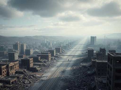 A desolate cityscape lies in ruins, a stark panorama of collapsed buildings and rubble-strewn streets under a somber sky. The scene is dominated by the skeletal remains of structures, emphasizing a post-apocalyptic desolation with a muted, grayscale aesthetic. The composition is vast and empty, conveying a sense of profound emptiness and ruinous silence.