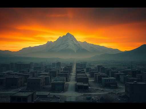 The image depicts a desolate, sprawling city under a dramatic sunset. Numerous buildings stretch out towards the horizon, dwarfed by a massive, imposing mountain range in the distance. The sky is a vibrant orange, contrasting with the muted tones of the city and mountains. The overall style is atmospheric and slightly surreal, emphasizing a sense of vastness and isolation.