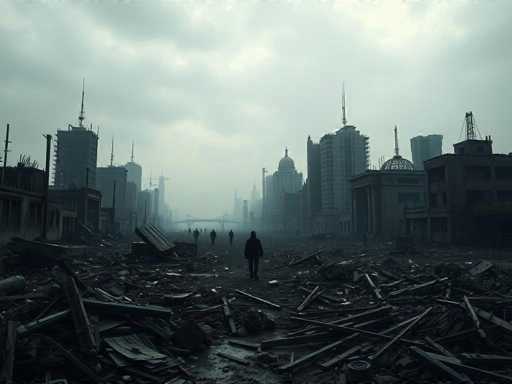 The image depicts a post-apocalyptic cityscape, likely AI-generated, characterized by a desolate and war-torn environment. The foreground is littered with debris, including wooden planks, metal pieces, and other rubble, creating a chaotic scene. Amidst the wreckage, a lone figure dressed in a black hoodie and pants walks towards the horizon, surrounded by more distant figures. The city's skyline features tall buildings, some still standing with spires and domes, while others are in various stages of collapse, with cranes and scaffolding indicating ongoing destruction. The sky is overcast with a grayish-blue hue, adding to the bleak atmosphere. A bridge spans the background, further emphasizing the scale of the devastation. The overall color palette is dominated by dark grays, blacks, and muted tones, enhancing the somber and eerie mood of the scene.