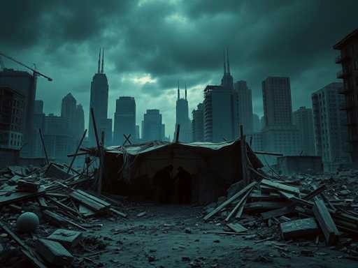 The image depicts a dark, post-apocalyptic cityscape under a stormy sky filled with ominous gray clouds. In the foreground, there is a makeshift tent constructed from tattered tarps and various pieces of debris, including wood and metal. The tent is surrounded by scattered rubble, suggesting recent destruction. Inside the tent, two shadowy figures are visible, though their features are indiscernible. The background reveals a city skyline with several tall buildings, some of which have spires or antennas. A crane looms on the left side of the image, hinting at ongoing construction or recovery efforts. The overall scene is shrouded in darkness, with a greenish tint that adds to the eerie and desolate atmosphere.