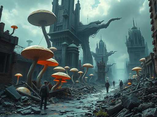The image depicts a post-apocalyptic cityscape where nature has reclaimed the streets. Large, orange mushrooms with white caps tower over the scene, their stems resembling tree trunks. These mushrooms are scattered throughout the area, with some growing from the debris and rubble that litter the ground. The sky is overcast with dark, gray clouds, adding to the gloomy atmosphere.

In the background, several tall, gothic-style buildings with spires and domes stand in a state of disrepair, their structures partially collapsed and covered in vines. The streets are filled with broken bricks, wooden debris, and other remnants of destruction, suggesting a catastrophic event that has left the city in ruins.

Amidst this desolate landscape, a few people can be seen walking along the debris-strewn streets, their figures small against the towering mushroom caps. The overall scene evokes a sense of abandonment and the slow encroachment of nature over human civilization.