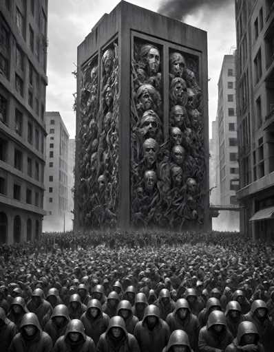 The image depicts a large group of people gathered around a towering stone structure with multiple levels and windows, resembling the faces of numerous individuals. The scene is set against an urban backdrop featuring buildings in various sizes and designs.