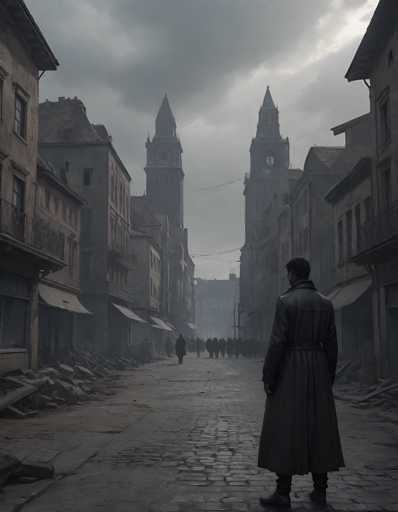 The image depicts an old town street with a man wearing a long black coat and hat standing on the right side of the frame, facing away from the camera. The buildings lining the street have large windows that reflect the overcast sky above. In the background, two tall towers rise against the gray backdrop, adding to the historical atmosphere of the scene.