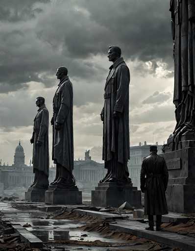 A dramatic, low-angle shot of three imposing statues in a ruined city. The statues are all uniform in style, depicting figures in long coats and hats, standing on pedestals. They appear to be made of a dark, weathered material, possibly bronze or stone, and are partially covered in dust and debris. The background shows a desolate cityscape with crumbling buildings and a dark, overcast sky. A lone figure in a long coat stands at the base of the statues, looking up at them with a somber expression. The overall mood is one of decay, loss, and perhaps a sense of historical significance or memorialization. The lighting is dim and atmospheric, emphasizing the scale and solemnity of the scene.