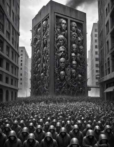 A large, monochromatic image depicts a massive crowd of people, all wearing identical hooded outfits and helmets, gathered in a vast urban space. The crowd is densely packed, stretching towards the bottom of the frame and seemingly extending into the distance. They are all facing a colossal, monolithic structure in the center of the image. 

This structure is a towering block of stone or concrete, intricately covered in what appears to be a chaotic arrangement of human faces and figures. The faces are contorted, some appear skeletal or grotesque, while others have a more uniform, almost mask-like quality. The overall impression is one of overwhelming scale and an unsettling, possibly dystopian, atmosphere. 

The background features tall, imposing buildings that seem to tower over the crowd and the monolithic structure. The sky is overcast, with a muted gray tone that contributes to the somber mood of the image. The lighting is dim, casting shadows and emphasizing the uniformity of the crowd's attire. 

The composition draws the viewer's eye towards the central structure, highlighting its imposing presence and the collective nature of the crowd. The image evokes a sense of mystery, perhaps suggesting a ritualistic gathering or a scene from a dystopian future. The monochromatic palette enhances the starkness and drama of the scene, creating a powerful visual impact.