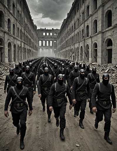 The image depicts a group of individuals dressed in black, resembling a military or special forces unit. They are wearing black masks that cover their faces, with only their eyes visible. Each person is equipped with a gun strapped to their side and is wearing black boots. They are marching in formation along a dirt road, flanked by tall, imposing buildings on both sides. The buildings are constructed of gray stone and feature numerous arched windows, with some windows appearing broken or shattered. The sky above is overcast with dark, gray clouds, adding to the ominous atmosphere of the scene.
