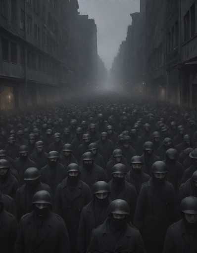 A densely packed, monochromatic image depicting a massive crowd of people in dark uniforms marching down a narrow, dimly lit street. The figures are uniformly clad in dark coats and helmets, their faces obscured by masks, creating a sense of anonymity and uniformity. The street is shrouded in a thick fog or mist, obscuring the background and emphasizing the claustrophobic nature of the scene. The lighting is dim and diffused, with a faint light source visible at the end of the street, suggesting a distant exit or destination. The overall atmosphere is somber and unsettling, evoking a sense of mass movement and perhaps oppression or conformity. The composition focuses on the sheer number of people, emphasizing their collective presence and creating a visually overwhelming effect.