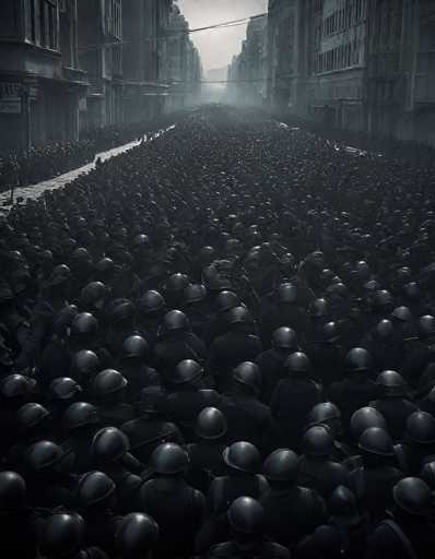 A vast, monochromatic image depicts a massive crowd of uniformed figures marching down a long, narrow street. The scene is dominated by the dark silhouettes of countless individuals, all wearing helmets and seemingly moving in unison. The perspective is from a slightly elevated position, looking down into the street, which stretches far into the distance and appears to fade into a hazy, grey horizon. The overall atmosphere is one of immense scale, uniformity, and perhaps a sense of solemnity or even oppression. The lighting is dim, casting the figures in shadow and emphasizing their sheer numbers.