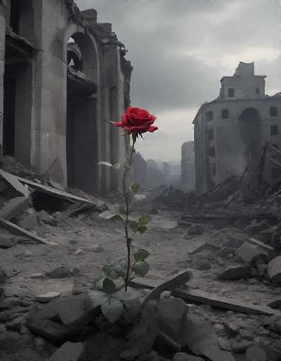 The image depicts a war-torn cityscape, with the remnants of buildings and structures in various states of destruction. The scene is dominated by shades of gray, black, and white, creating a somber and desolate atmosphere. Amidst the rubble and debris, a single rose stands out vividly in the foreground. This rose, with its bright red petals and green leaves, appears to be sprouting from the ground, symbolizing resilience and hope amidst the devastation. The rose's vibrant color contrasts sharply with the monochromatic background, drawing the viewer's attention and serving as a focal point of beauty and life in an otherwise bleak environment. The overall composition suggests a post-apocalyptic setting, with the rose emerging as a symbol of life and perseverance in the aftermath of destruction.