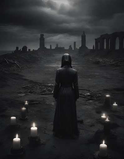 A person dressed in a long black robe stands alone on a dirt road surrounded by several lit candles of varying sizes and shapes scattered around them. The scene is set against the backdrop of an abandoned city with dilapidated buildings and a large body of water visible in the distance under a cloudy sky.
