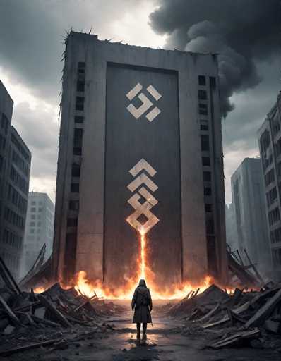 A lone figure stands before a colossal, ruined skyscraper engulfed in fiery destruction. The scene is apocalyptic, with debris and smoke filling the air. A glowing, geometric symbol descends from the building's central opening, casting an eerie light on the desolate landscape. The art style is a blend of digital painting and photorealism, emphasizing dramatic lighting and a sense of scale.