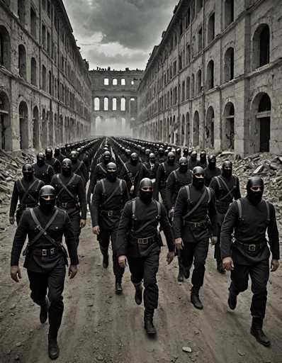 The image depicts a group of people dressed in black suits and masks walking down a dirt road lined with dilapidated buildings on both sides. The perspective is from the side of the road, looking towards the end of it.