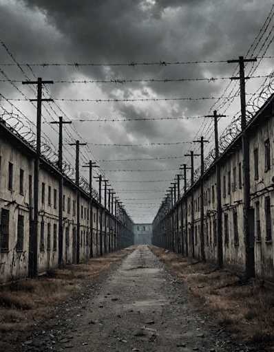 The image depicts a desolate, abandoned prison yard. Dominating the scene are two long, dilapidated buildings on either side, constructed from gray stone and featuring numerous windows. These structures are connected by a wide, gravel path that runs between them, flanked by patches of dead grass. The buildings are topped with rows of barbed wire, supported by evenly spaced poles, adding to the foreboding atmosphere. The sky overhead is dark and ominous, filled with heavy clouds that cast a gloomy pallor over the entire scene. The overall color palette of the image is muted, with shades of gray, brown, and black, enhancing the sense of desolation and decay. The path leads to a distant, gray building at the far end, completing the bleak and haunting vista.