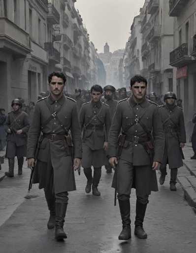 The image depicts two men dressed in military uniforms walking down a street lined with buildings and balconies. The man on the left is wearing a gray uniform with a black helmet and carrying a rifle, while his companion on the right has a similar gray uniform but without a helmet or rifle. Both men are also wearing boots.
